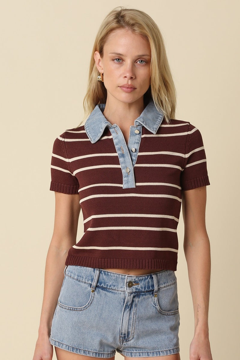 Short Sleeve Button Down Contrast Denim Stripe Print Knit Top Brown