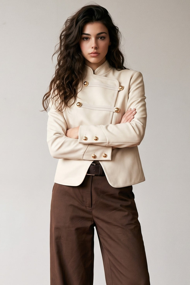 Long Sleeve 1980's Military Wrap Front Jacket Beige