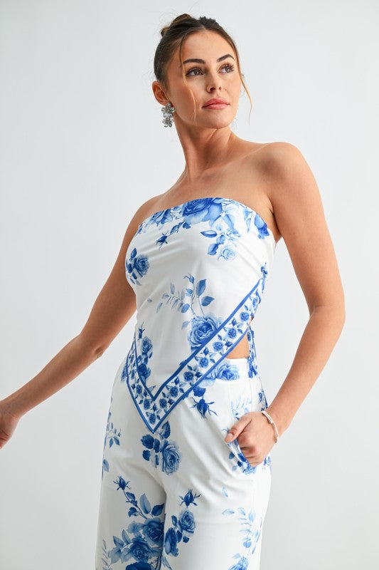 Sleeveless Scarf Top And Wide Leg Floral Print Set Ivory White