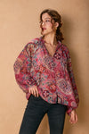 Long Sleeve Button Down Paisley Print Top Fuchsia