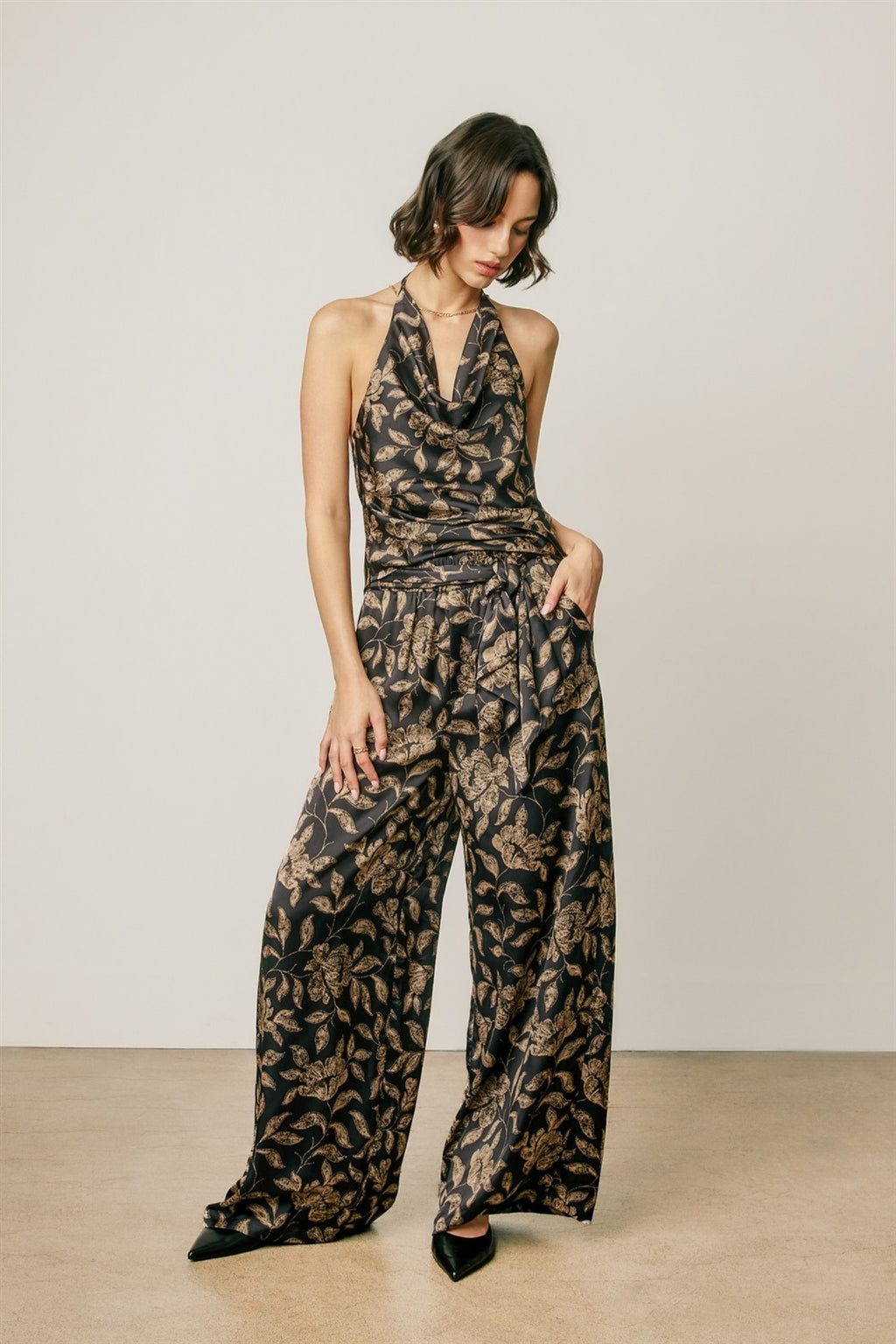 Waist Tie Botanical Print Satin Wide Leg Pants Black