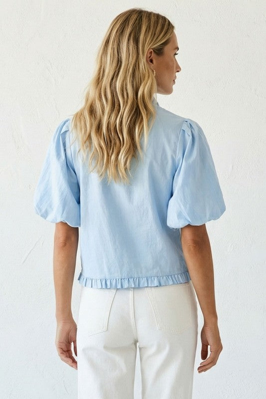 Short Bubble Sleeve Button Down Ruffle Top Blue