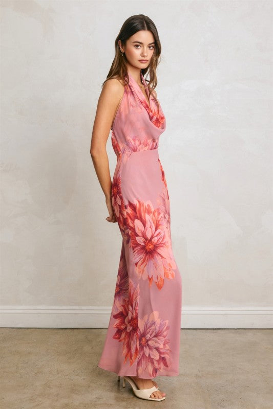 floral open back dress Cipriana Backless Halter Maxi Dress Floral Pink