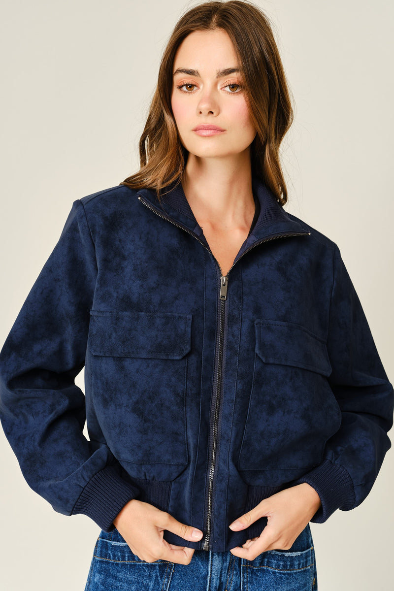 Long Sleeve Zip Up Faux Suede Bomber Jacket Navy