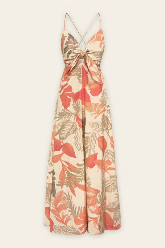 Sleeveless Tropical Print Maxi Dress Cream