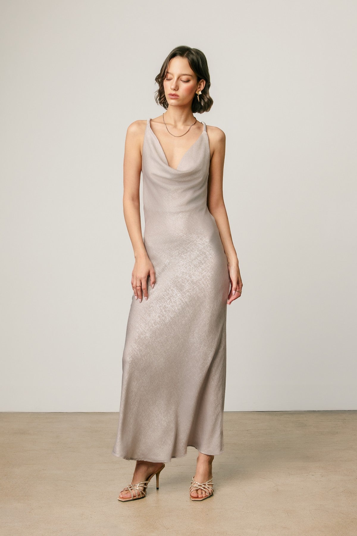 Sleeveless Halter Open Back Metallic Maxi Dress Silver