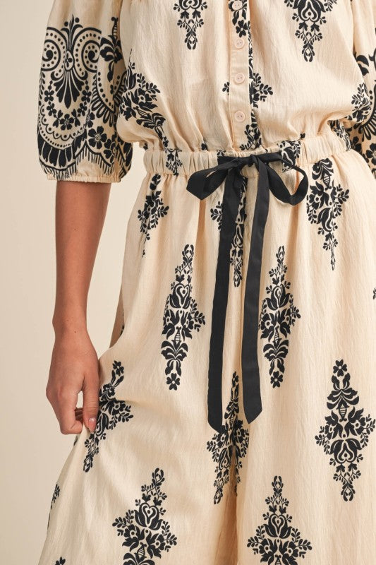 Short Sleeve Off The Shoulder Waist Tie Abstract Print Wide Leg Jumpsuit Cream