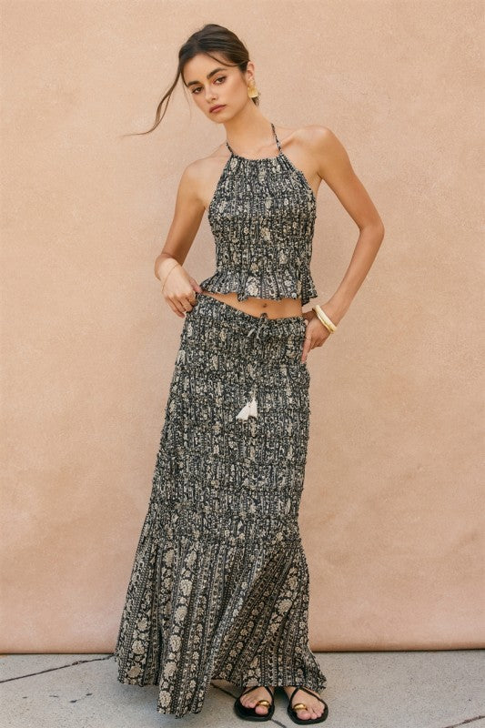  High Waist Smocked Floral Print Midi Skirt Black