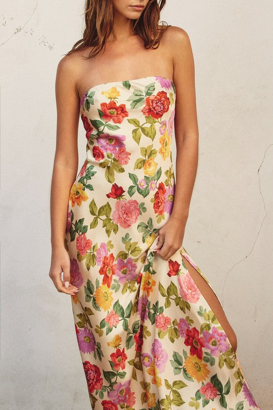 Sleeveless Floral Print Maxi Dress Cream