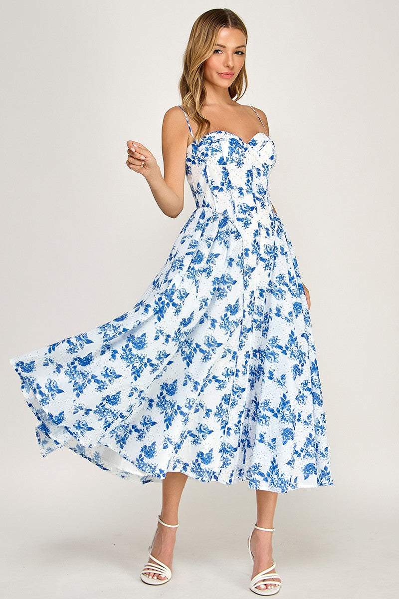 Trish Sleeveless Vintage Floral Print Midi Dress Blue SMALL