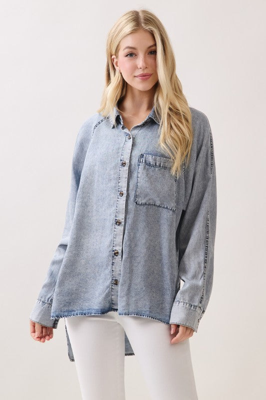 Long Sleeve Button Down Denim Top Light Wash