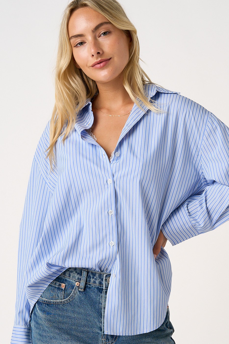 Long Sleeve Button Down Stripe Print Top Blue