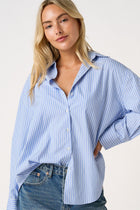 Long Sleeve Button Down Stripe Print Top Blue