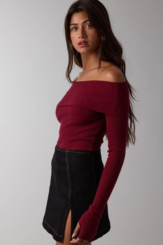 Long Sleeve Off The Shoulder Knit Top Burgundy