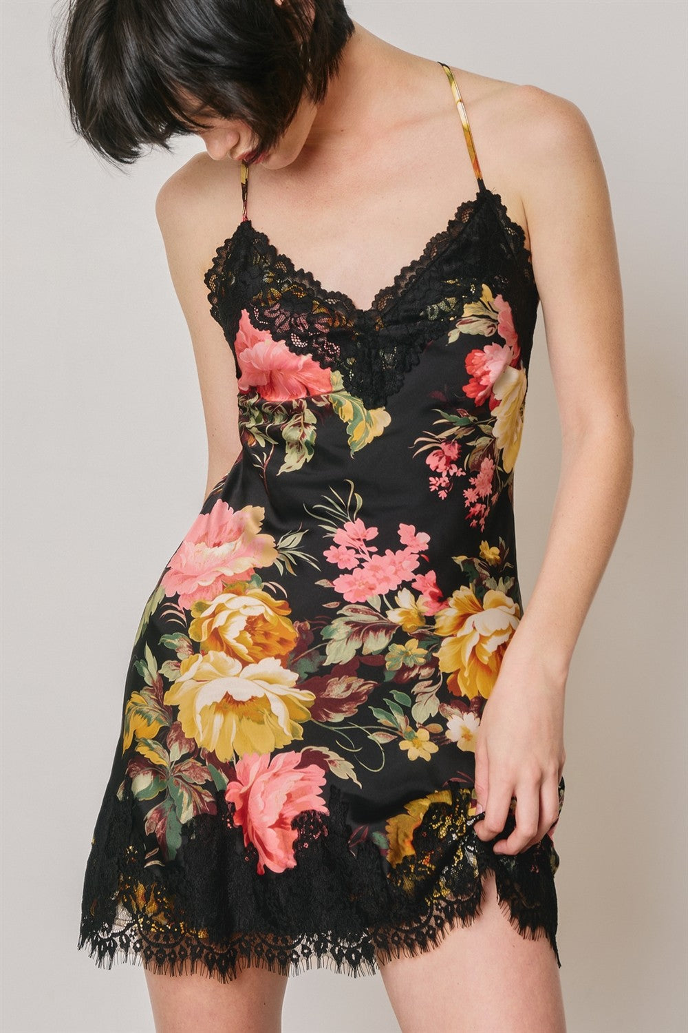 Sleeveless Lace And Floral Print Mini Slip Dress Black