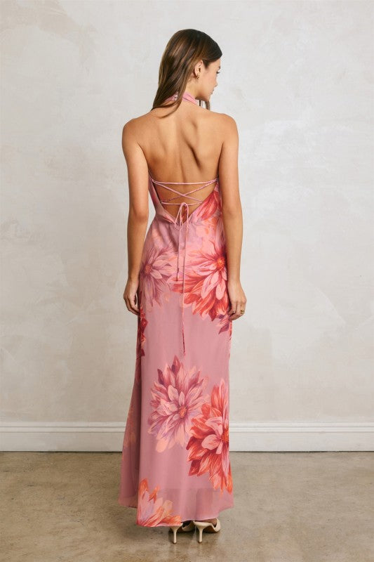 halter neck open back floral bodycon dress Halterneck Floral Print Open Back Bodycon Dress. Size XS
