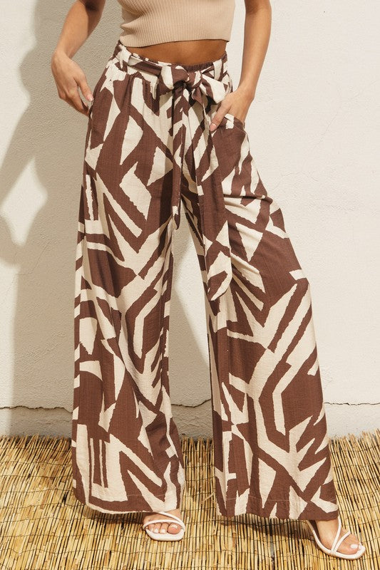 High Waist Wide Leg Abstract Print Pants Brown