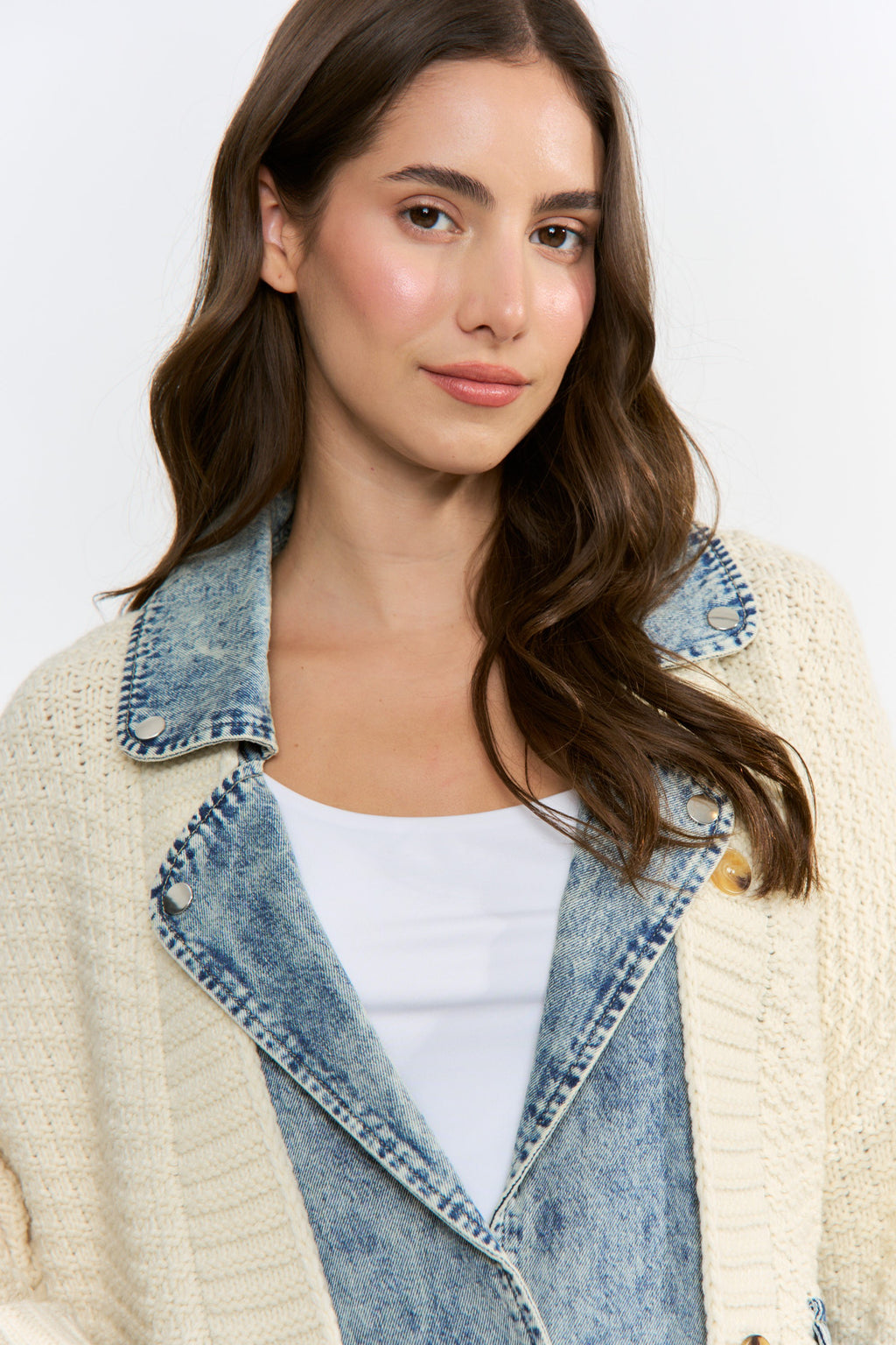 Long Sleeve Cable Knit Denim Trim One Size Shacket Ivory
