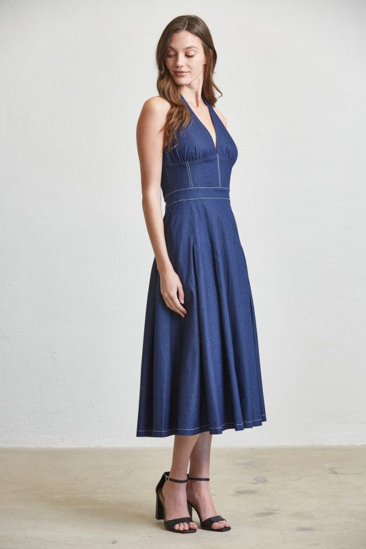 Sleeveless Halter Contrast Stitch Denim Midi Dress Dark Wash