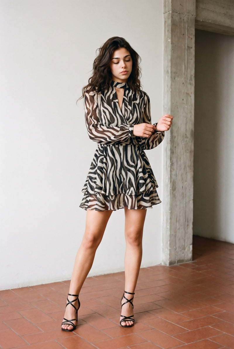 Long Sleeve Animal Print Tiered Mini Dress Black