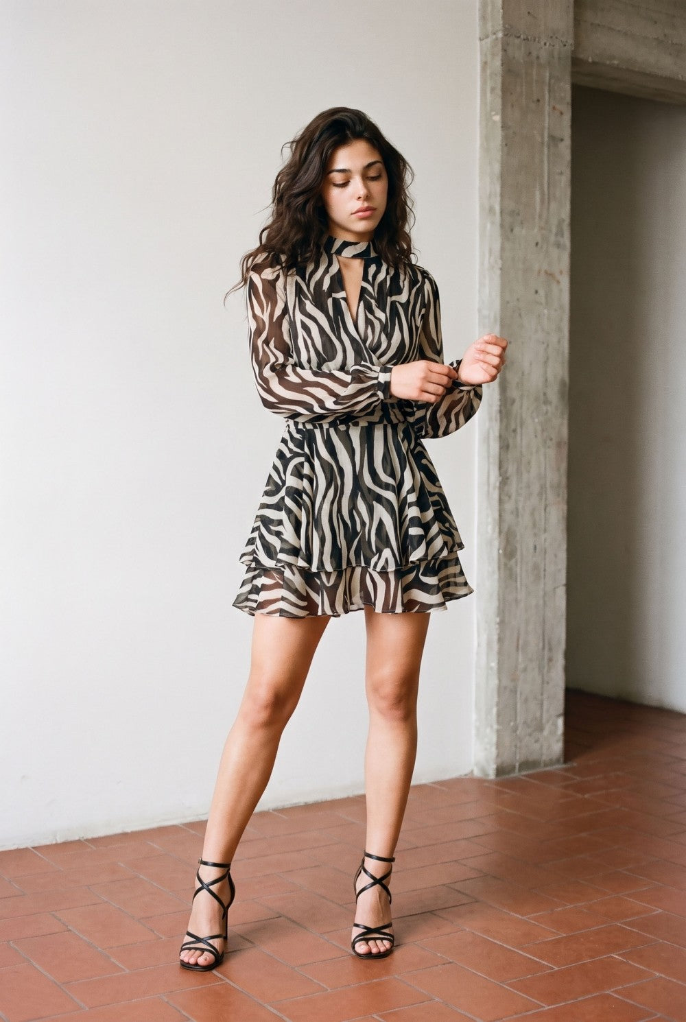 Long Sleeve Animal Print Tiered Mini Dress Black