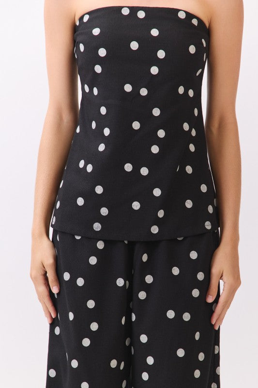 Sleeveless Tube Top And Wide Leg Linen Pants Polka Dot Print Set Black