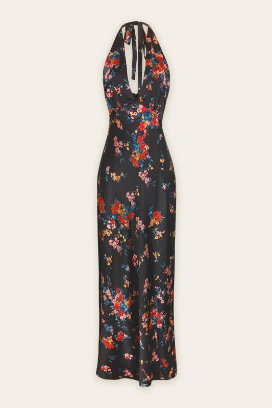 Sleeveless Halter Floral Print Maxi Dress Black