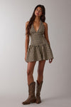 Sleeveless Halter Checkered Print Mini Dress Natural