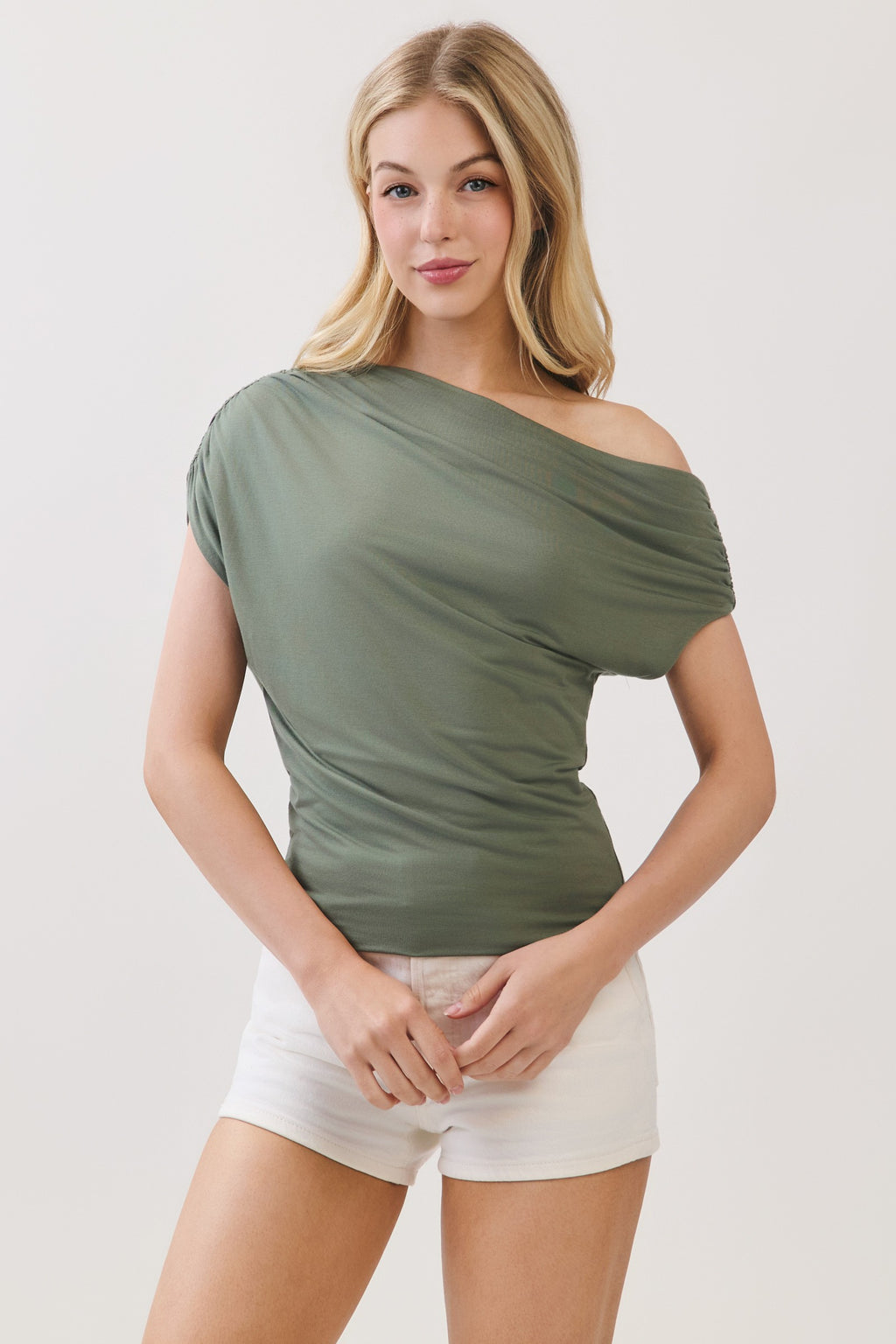 Off The Shoulder Fitted Ruched Top Olive