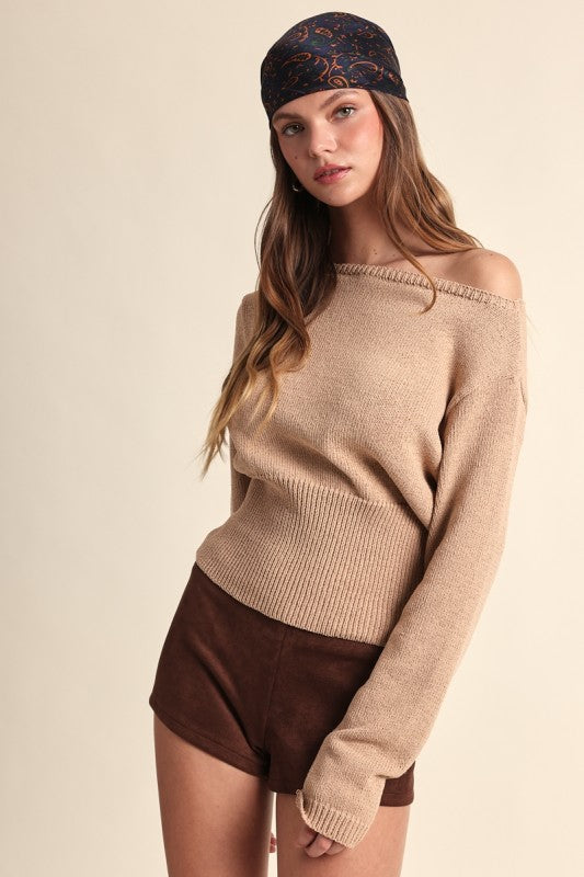 Long Sleeve Off The Shoulder Knit Top Camel