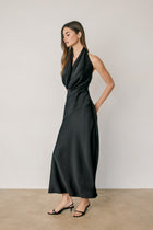 Sleeveless Halter Open Back Satin Maxi Dress Black
