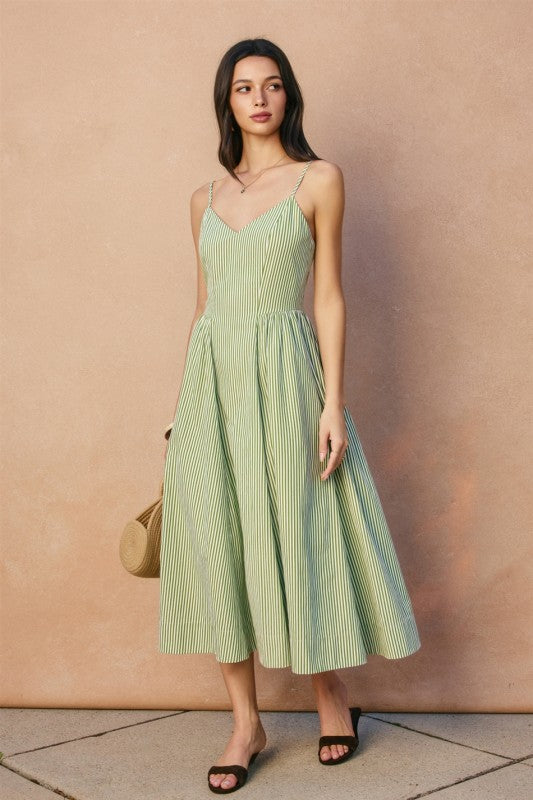 Tinsley Sleeveless Stripe Print Midi Dress Green MEDIUM