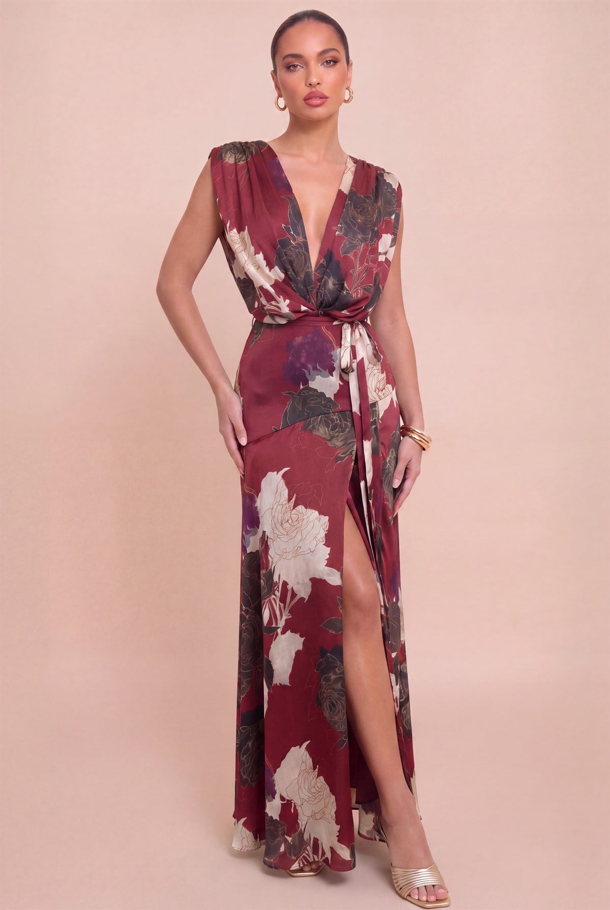 Sleeveless Waist Tie Floral Print Maxi Dress Burgundy