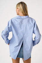 Long Sleeve Button Down Stripe Print Top Blue