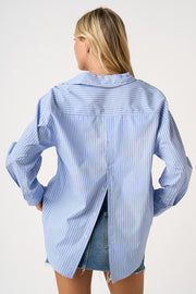 Long Sleeve Button Down Stripe Print Top Blue