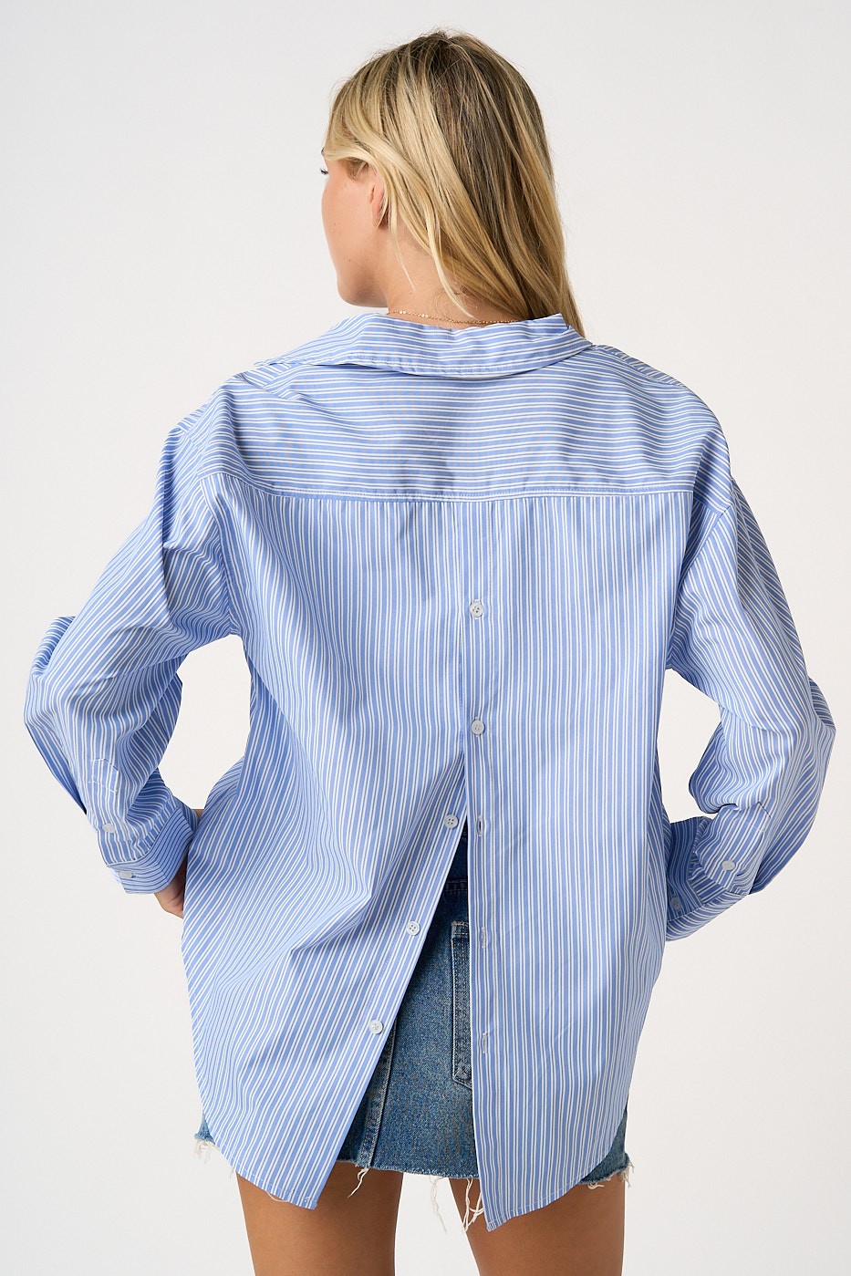 Long Sleeve Button Down Stripe Print Top Blue