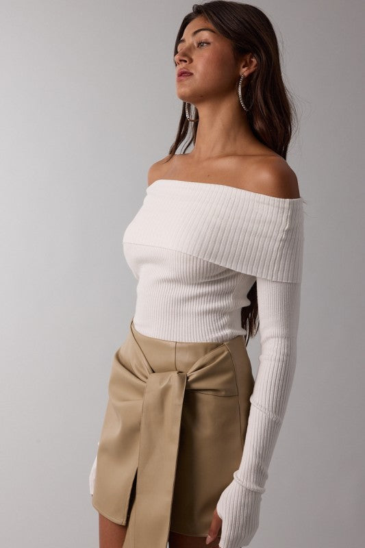 Long Sleeve Off The Shoulder Knit Top Ivory