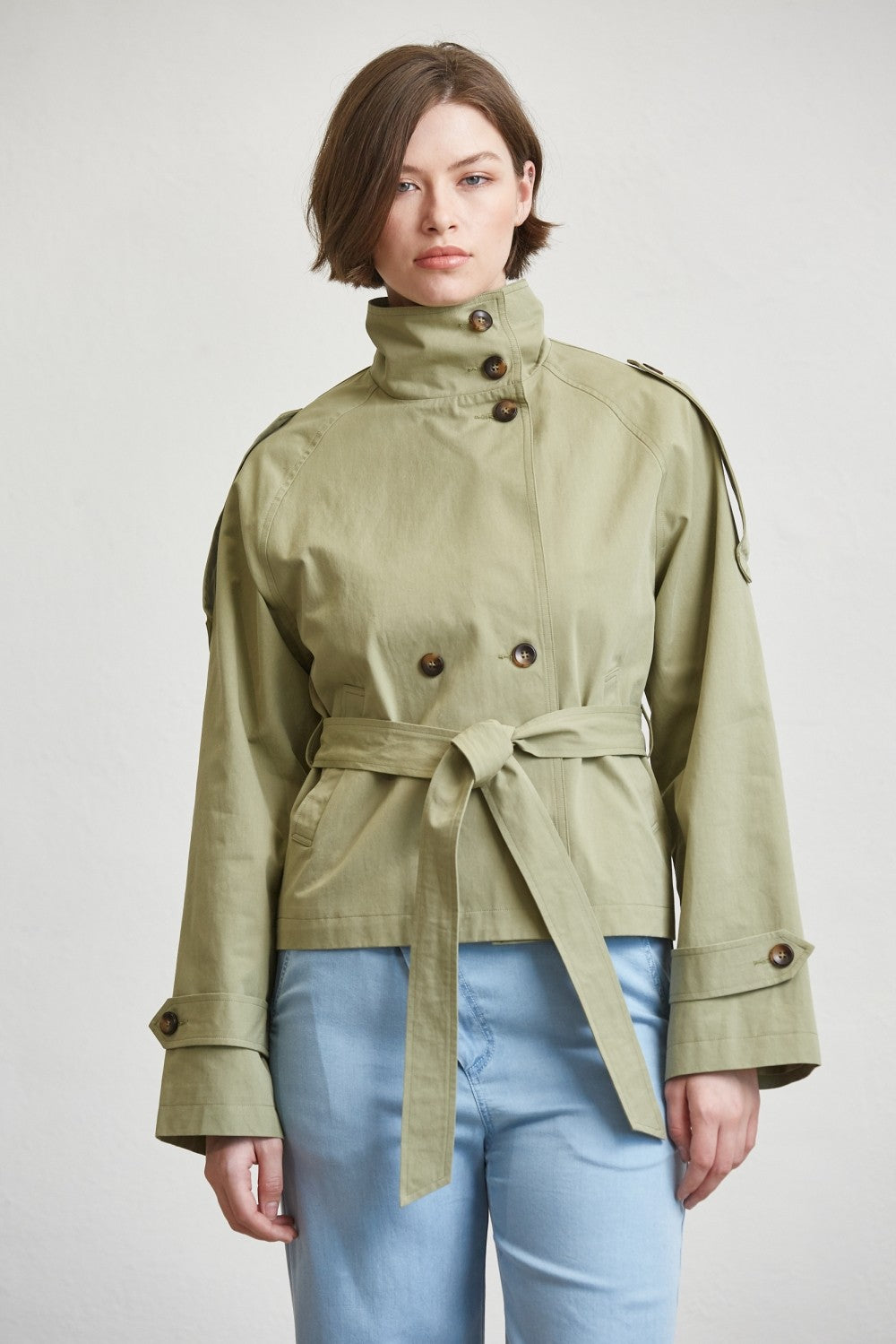 Long Sleeve Double Breasted Waist Tie Jacket Olive