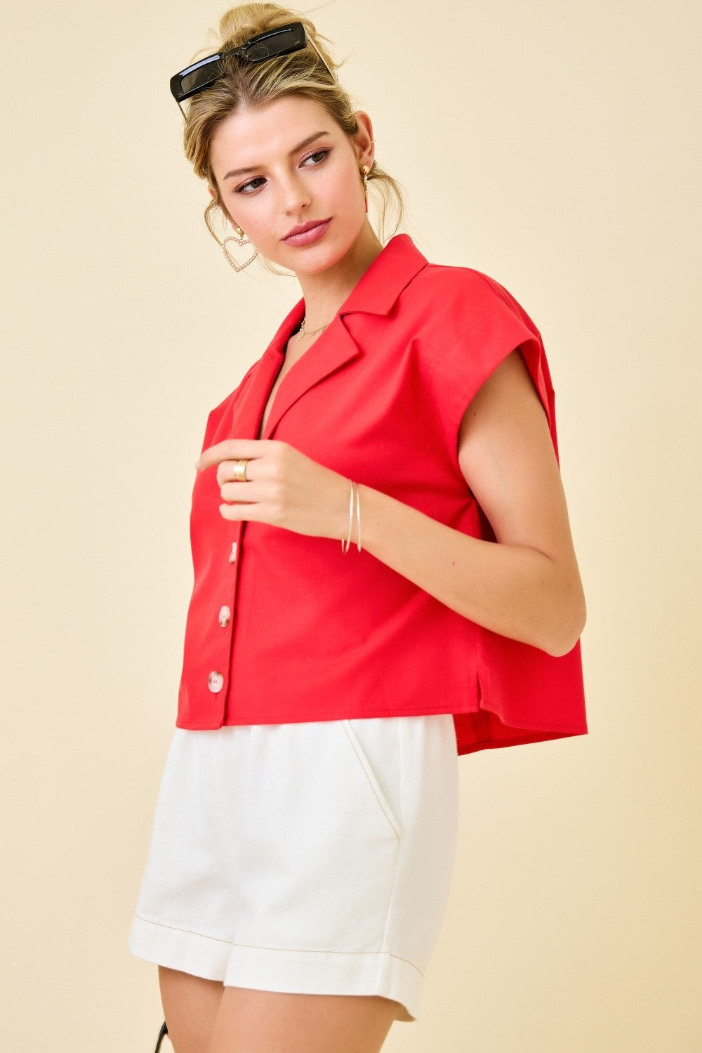 Short Sleeve Button Down Top Red