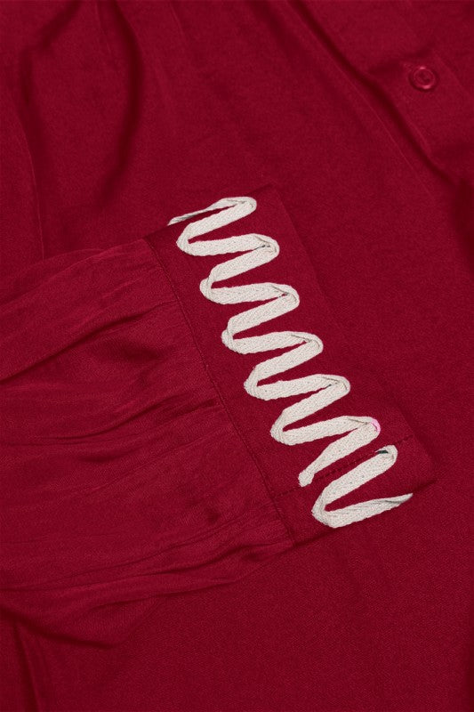 Short 3/4 Sleeve Button Down Contrast Trim Satin Top Red