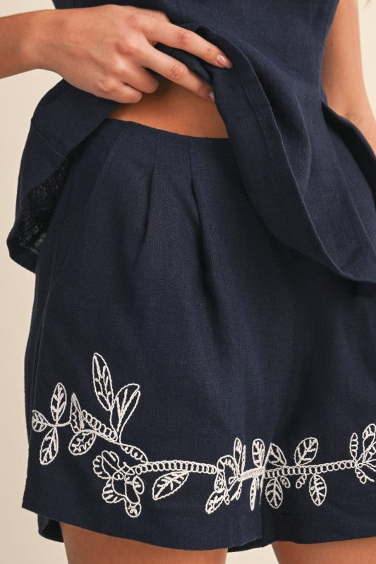 Sleeveless Embroidered Floral  Linen Peplum Top And Shorts Set Navy