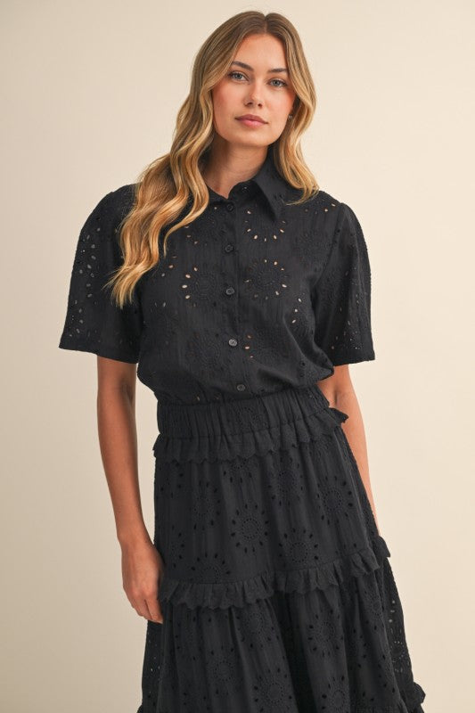 Short Sleeve Button Front Eyelet Maxi Dress Black