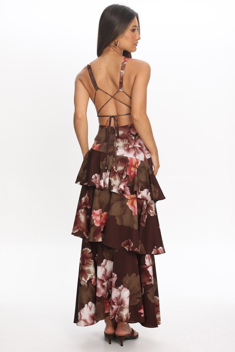 Sleeveless Tiered Floral Print Maxi Dress Brown
