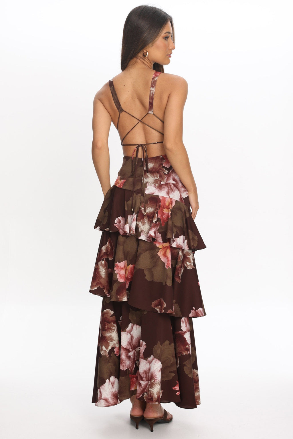 Sleeveless Tiered Floral Print Maxi Dress Brown