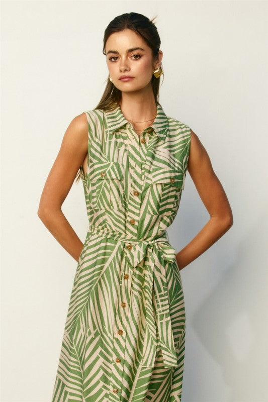 Short Sleeve Button Down Tropical Print Midi Dress Green