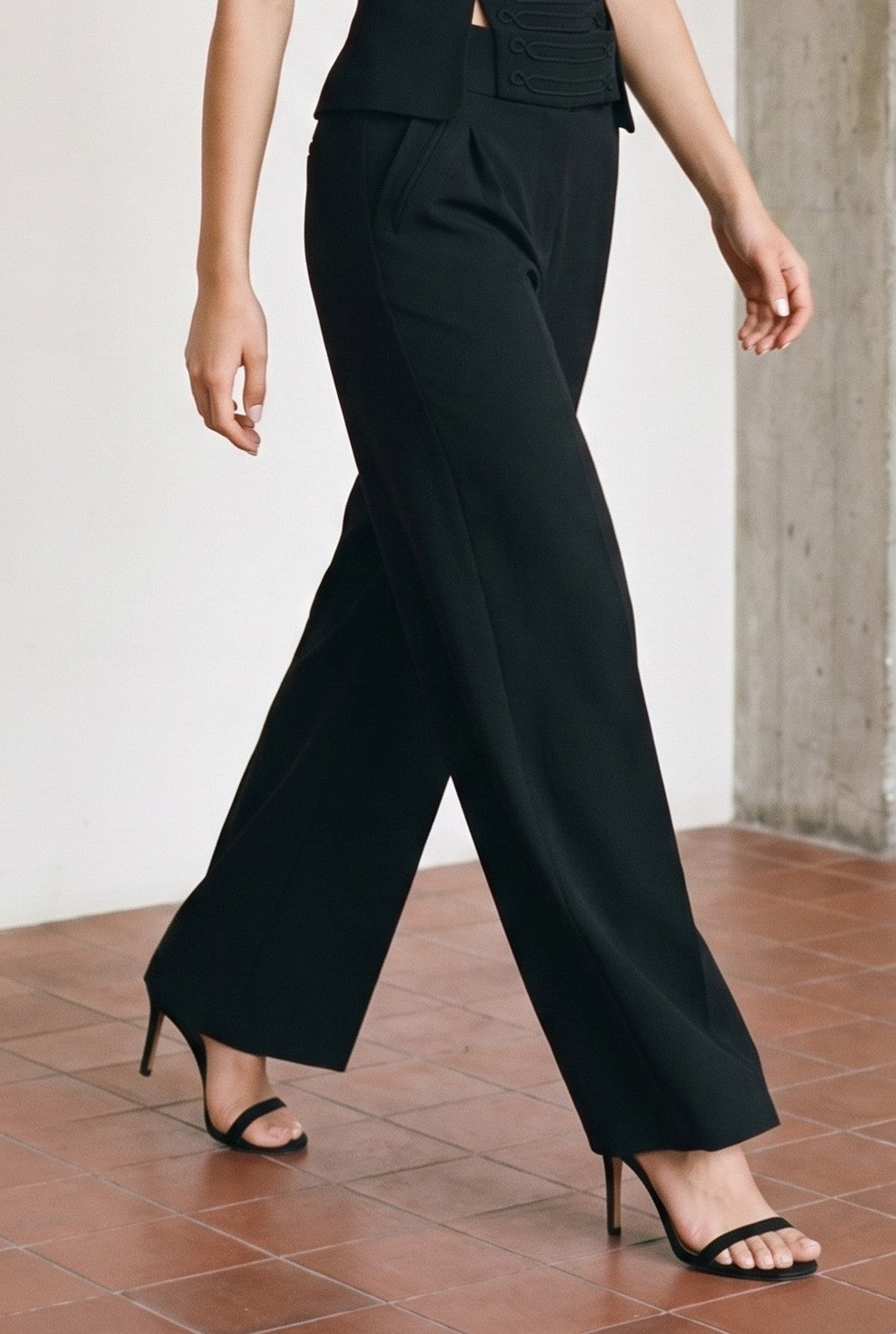 High Waist Tailored Wide Leg Woven Pants Black