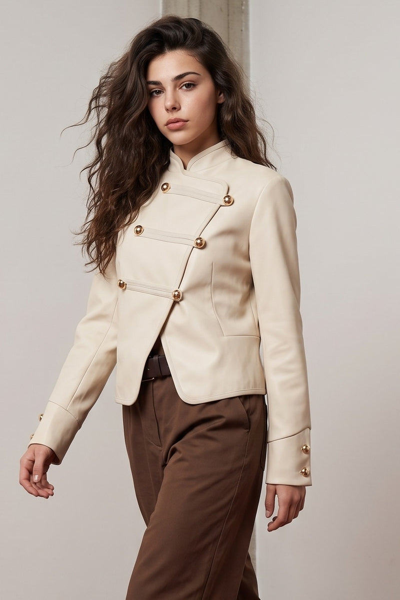 Long Sleeve 1980's Military Wrap Front Jacket Beige