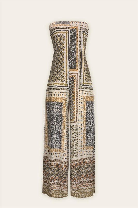 Sleeveless Abstract Print Wide Leg Jumpsuit Olive