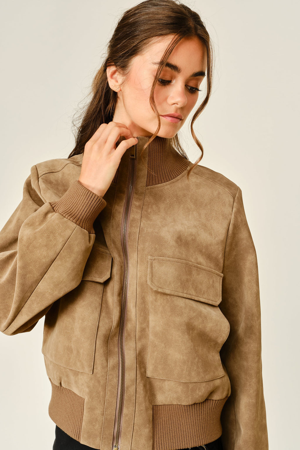 Long Sleeve Zip Up Faux Suede Bomber Jacket Mocha