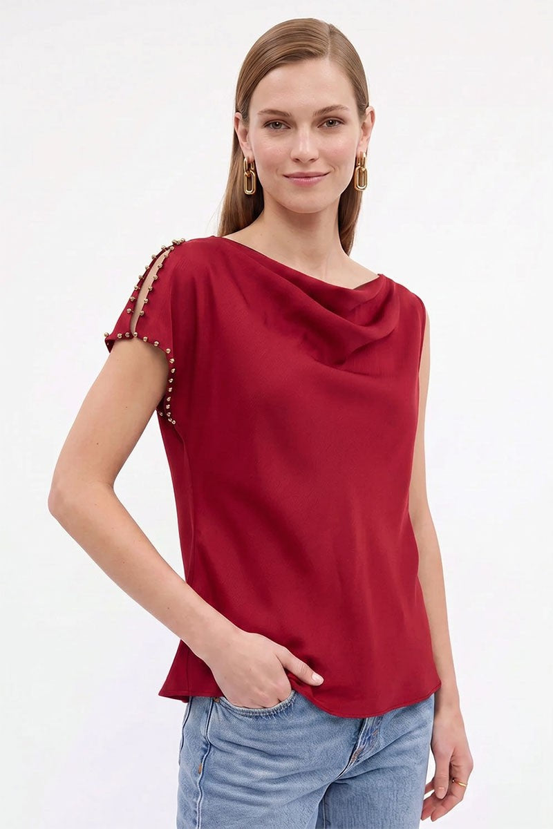 Short Studded Split Sleeve Satin Top Black Red